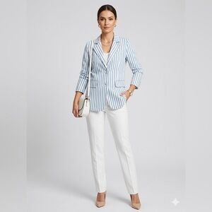 Aves Les Filles Denim Blue White Striped Blazer Button Front Preppy Coastal SM